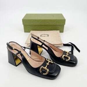 Gucci Black Leather Baby Horsebit Square Toe Block Heel Slingback Pumps EU 37